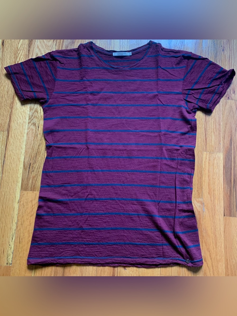 We Norwegians burgundy and black striped tee shirt size s